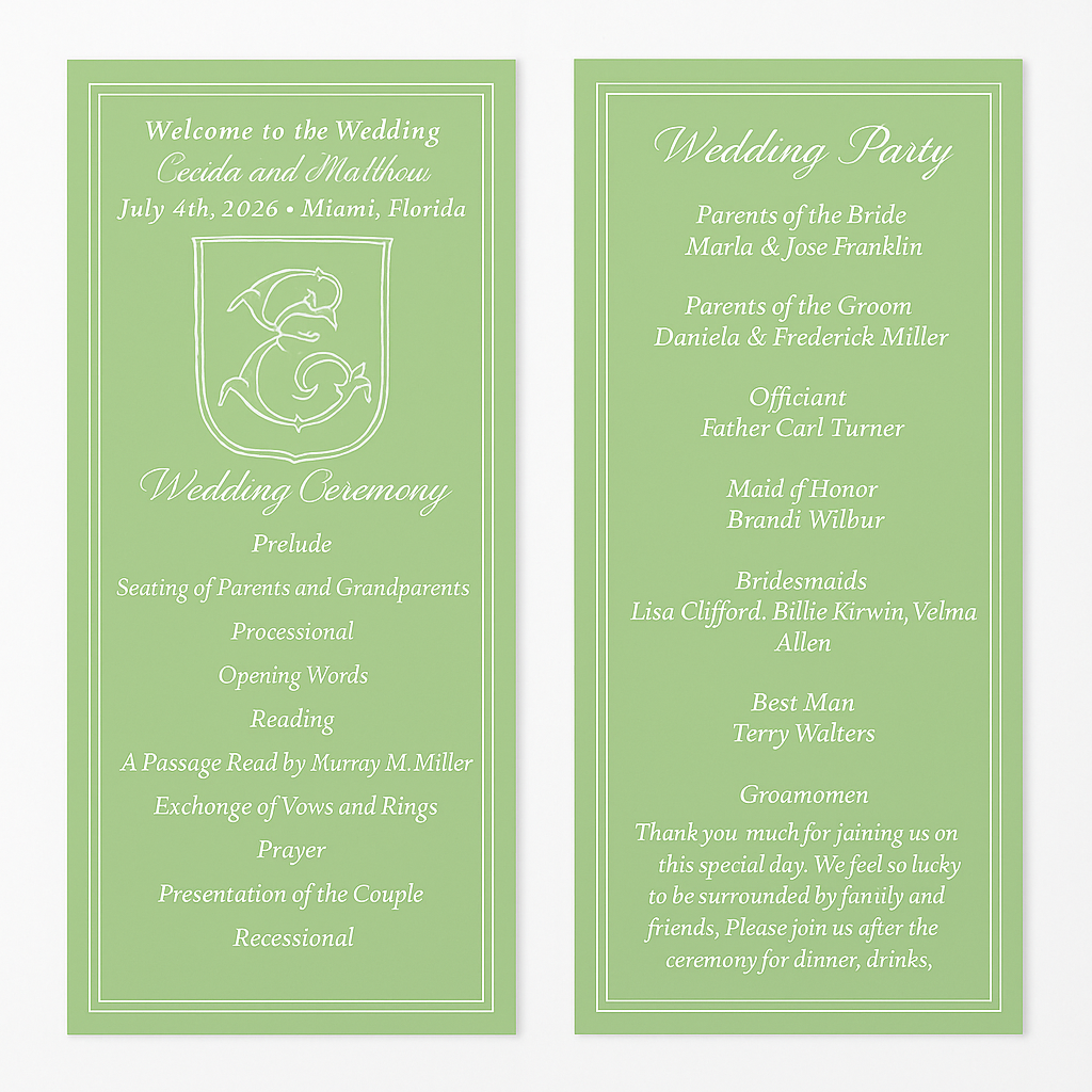 Classic Wedding Day Program – Customizable Colors