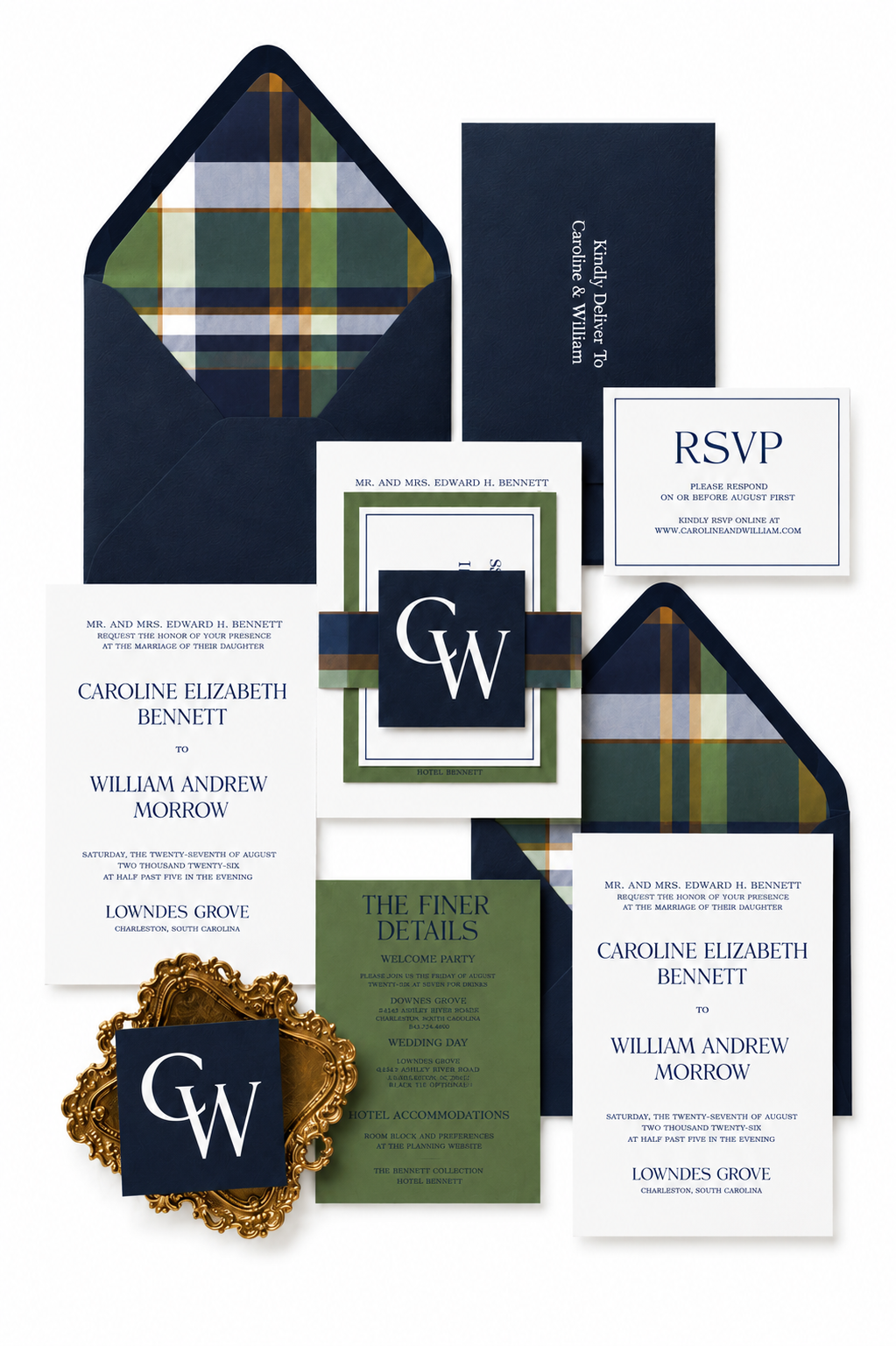 Navy and Green Plaid Wedding Invitation Suite