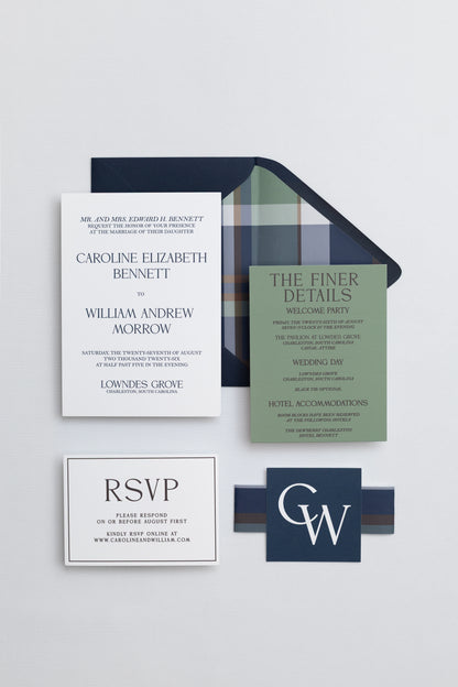 Navy and Green Plaid Wedding Invitation Suite