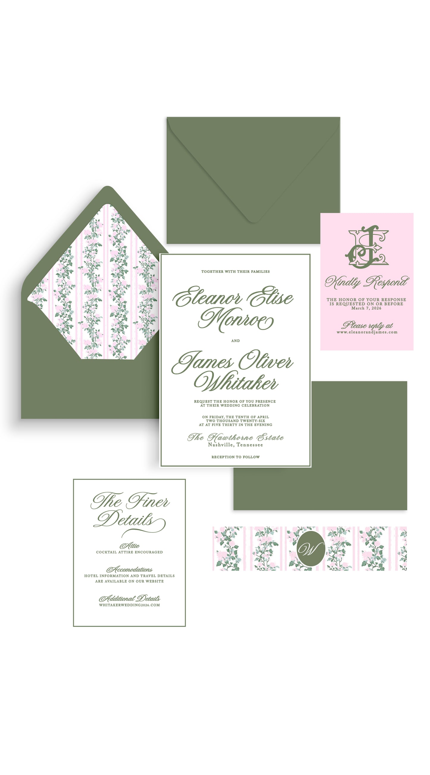 Pink and Sage Garden Wedding Invitation Suite