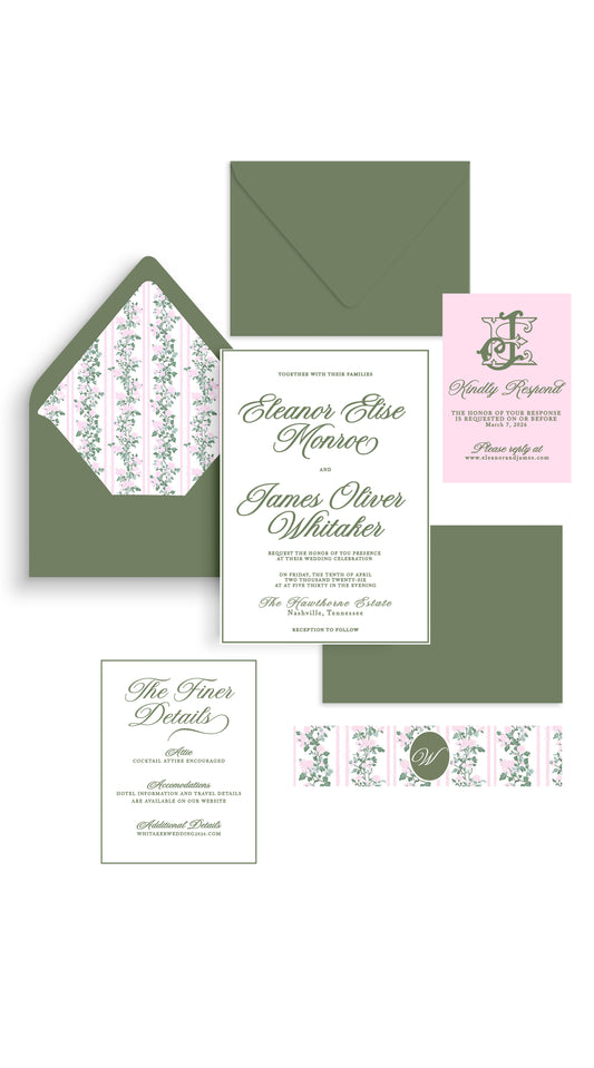 Pink and Sage Garden Wedding Invitation Suite