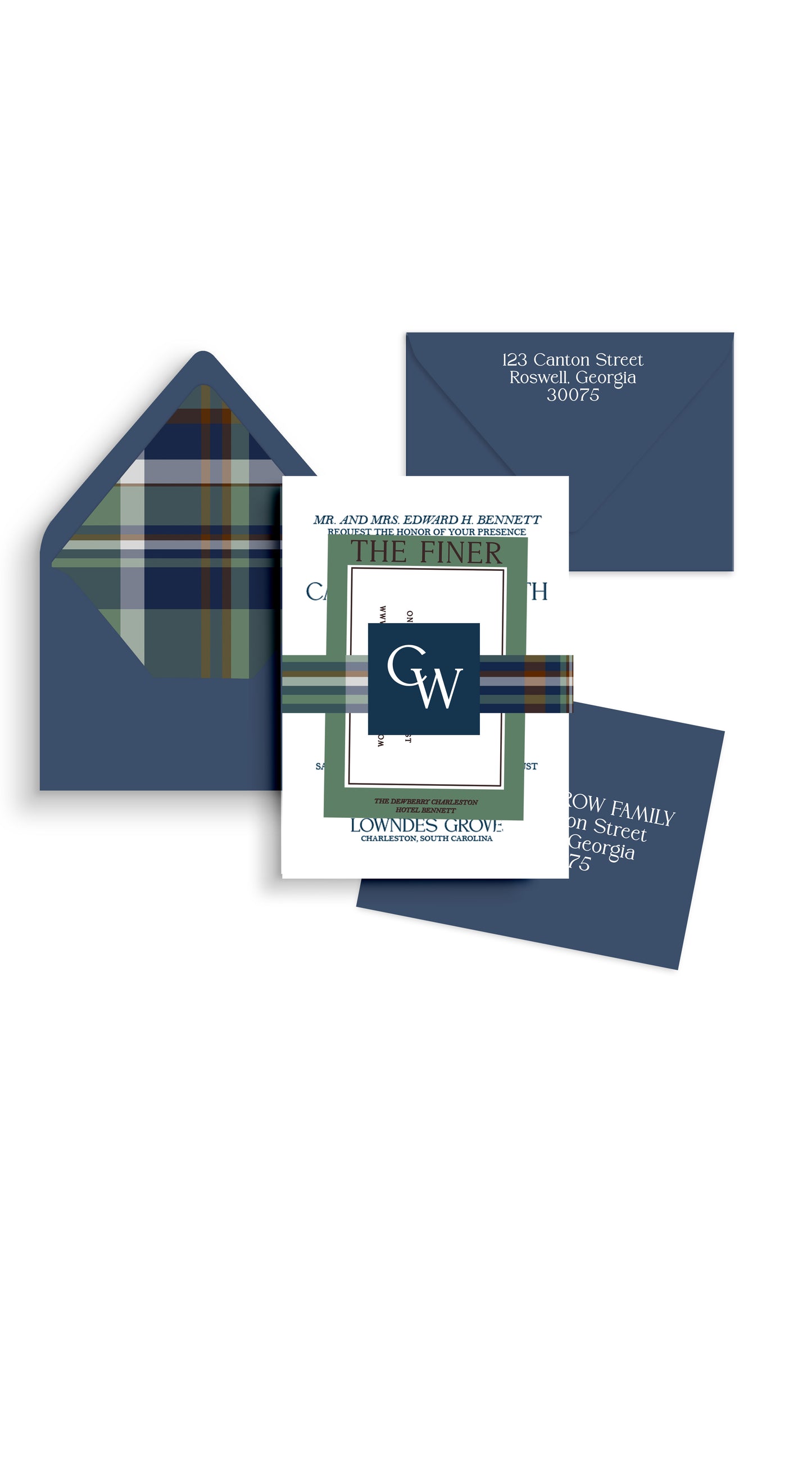 Navy and Green Plaid Wedding Invitation Suite