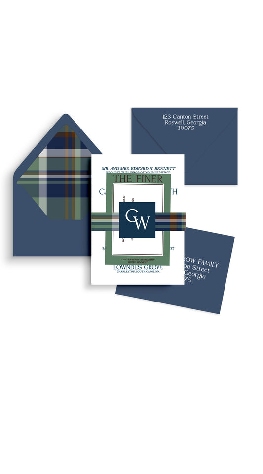 Navy and Green Plaid Wedding Invitation Suite